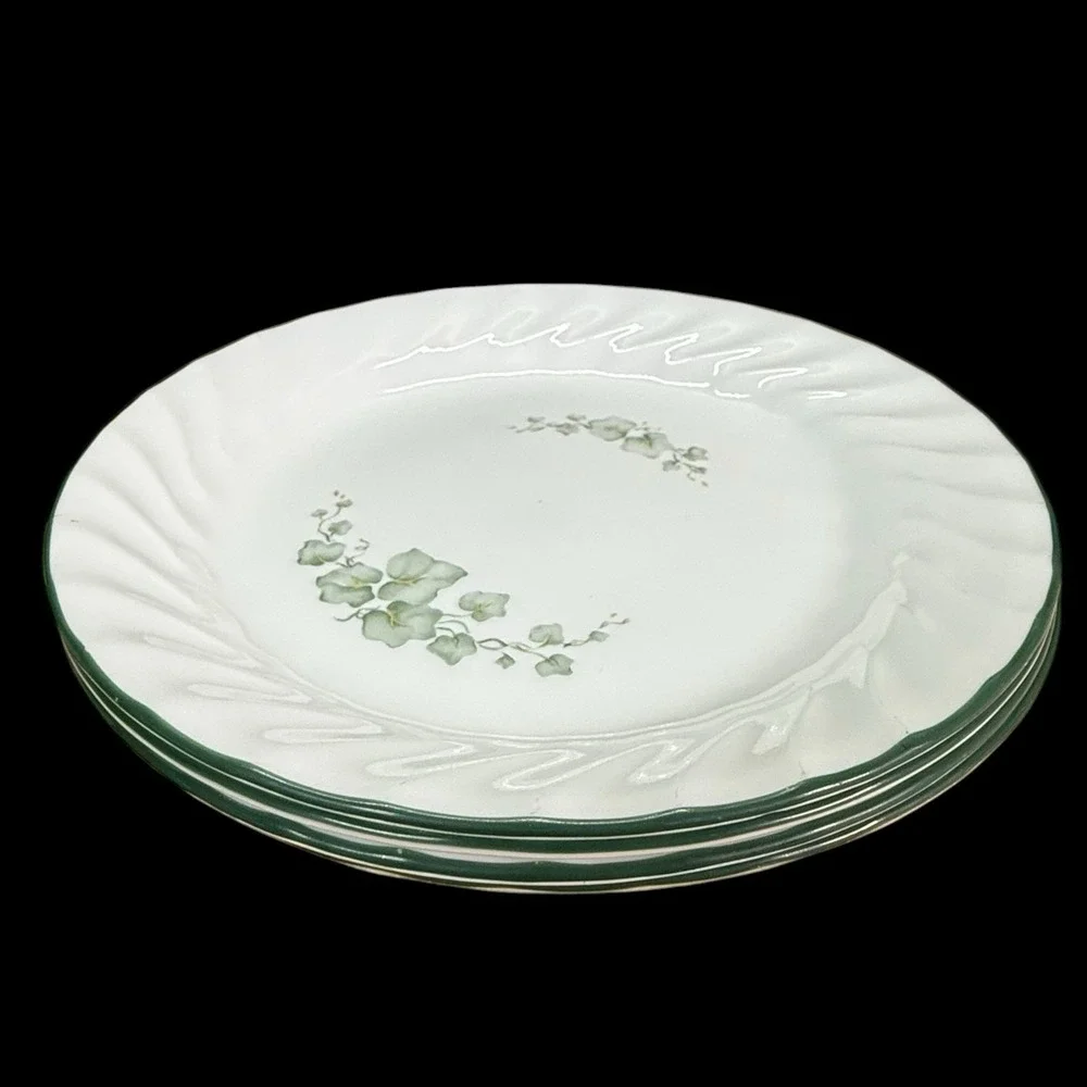Corelle Callaway Ivy Bread/Dessert Plates Green Trim White Swirl 7 1/4